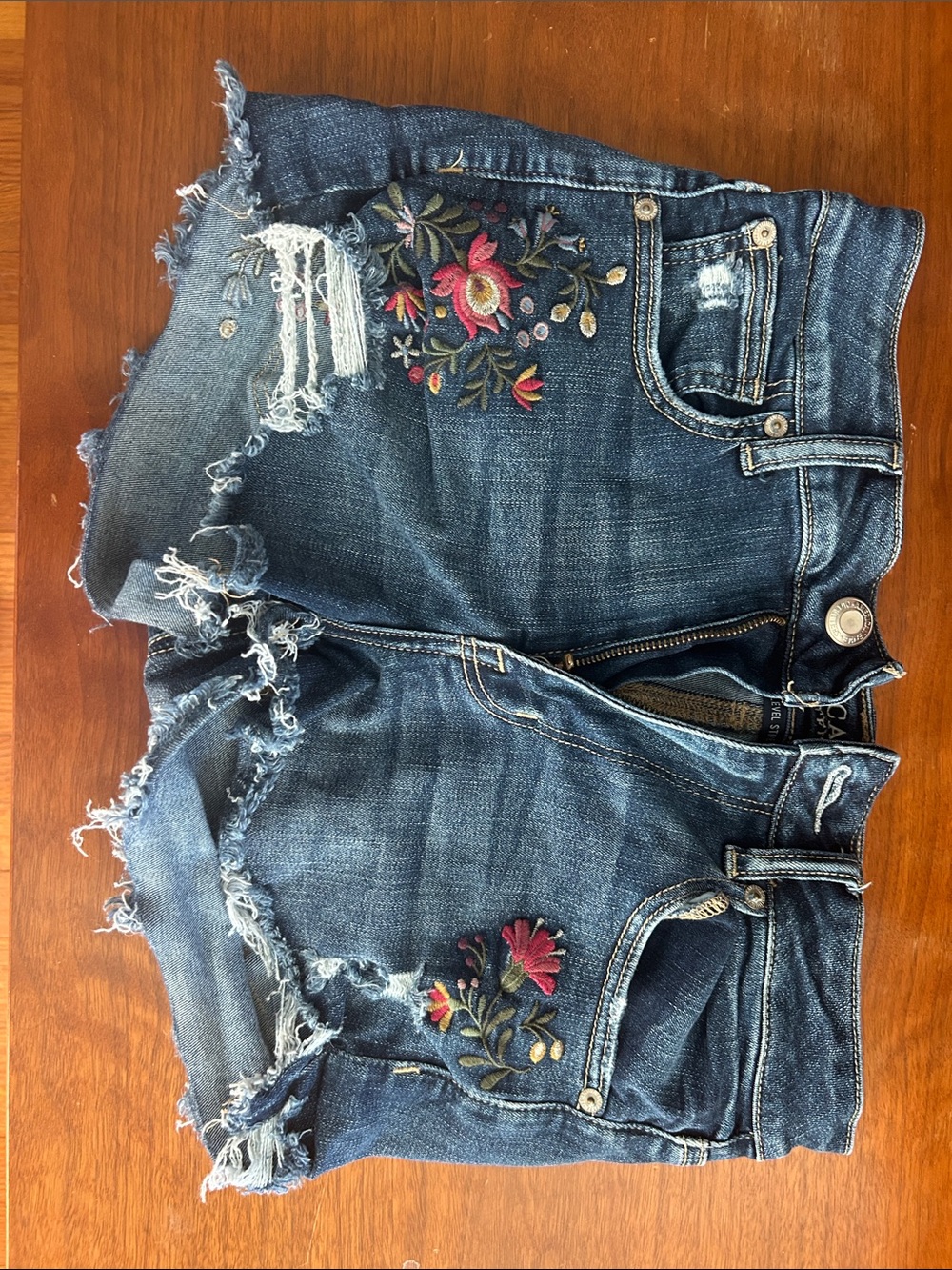 Embroidered Distressed Denim Jean Shorts - Blue